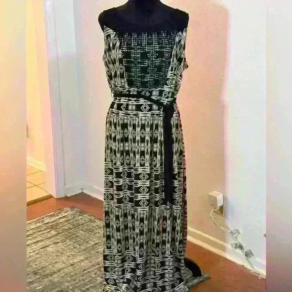 CATO Black & Crème Aztec Print Round Neck Sleeveless Maxi Dress